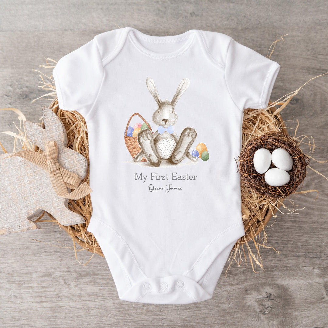 Personalised Grey Bunny First Easter Babygrow/Baby Vest