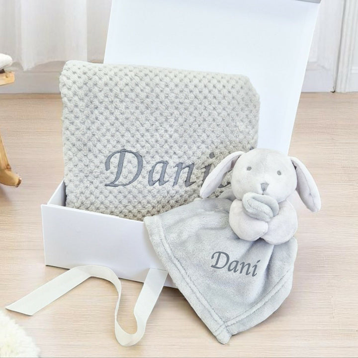 Unisex Grey Blanket and Bunny Personalised Gift Hamper Set