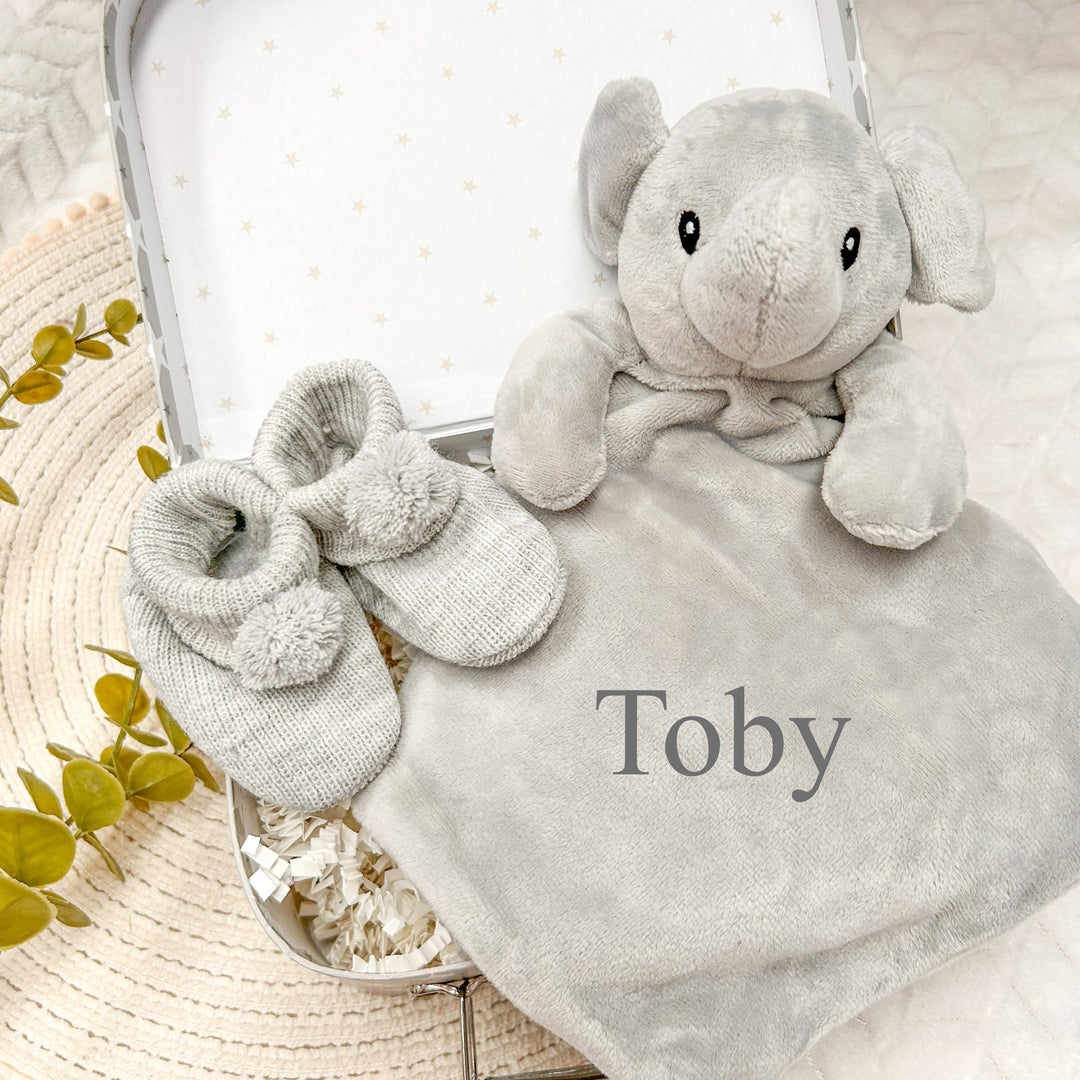 Embroidered Grey Elephant Comforter Gift Set