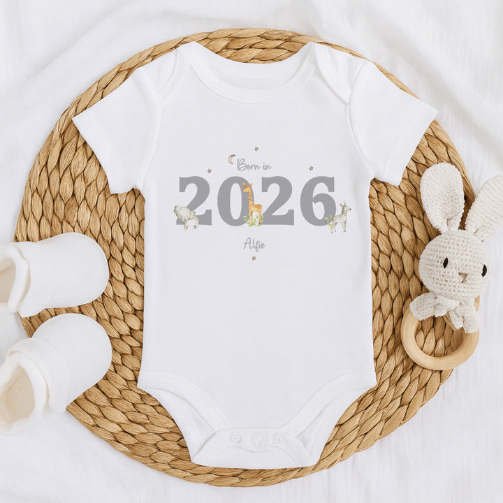Personalised Grey Jungle Born in 2026 Baby Grow, Vest or Bib