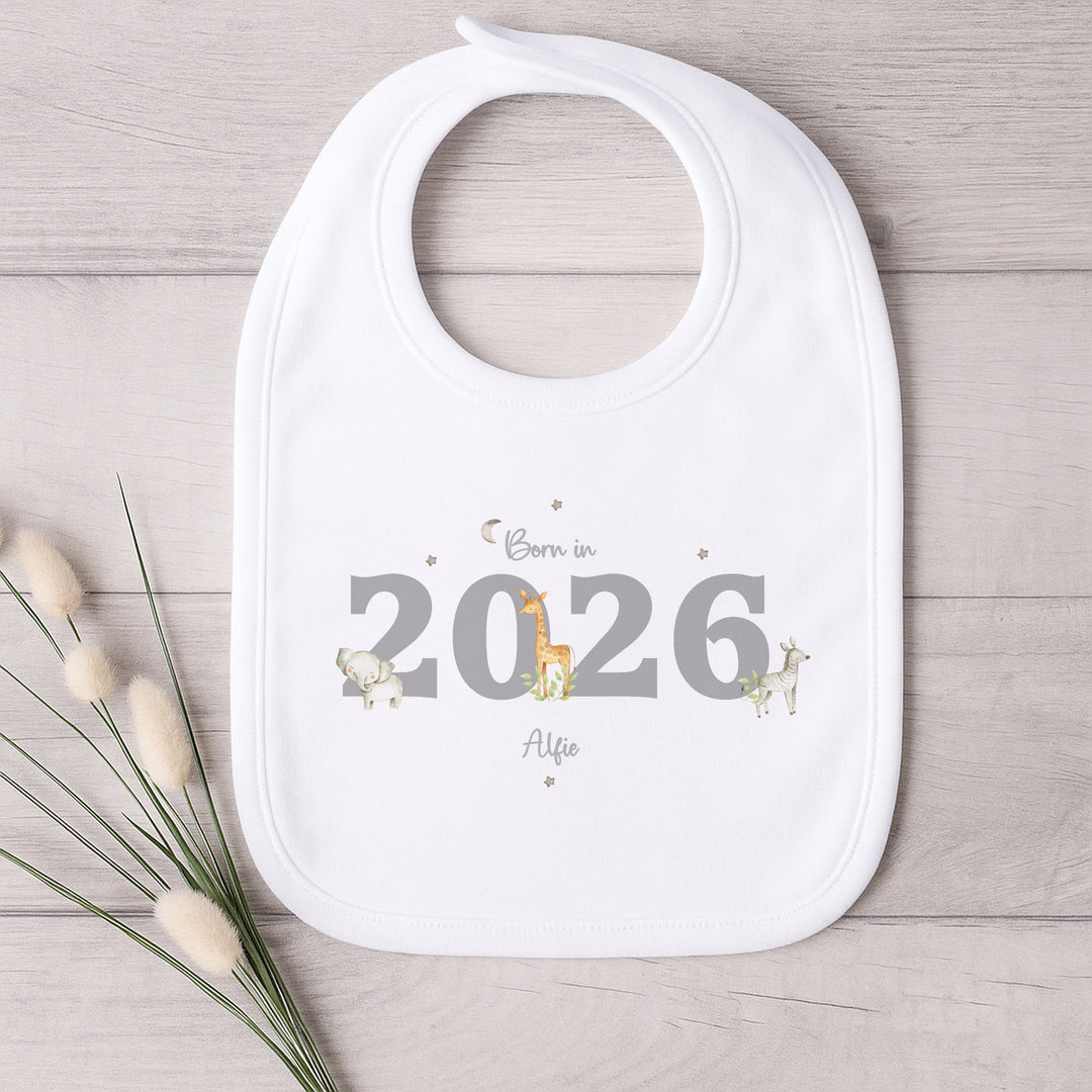 Personalised Grey Jungle Born in 2026 Baby Grow, Vest or Bib