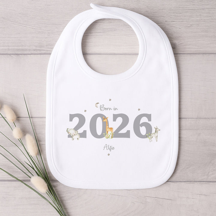 Personalised Grey Jungle Born in 2026 Baby Grow, Vest or Bib