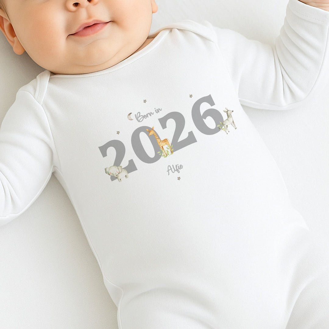 Personalised Grey Jungle Born in 2026 Baby Grow, Vest or Bib