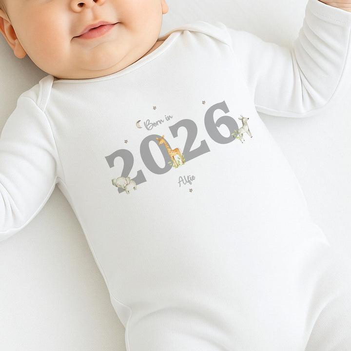 Personalised Grey Jungle Born in 2026 Baby Grow, Vest or Bib