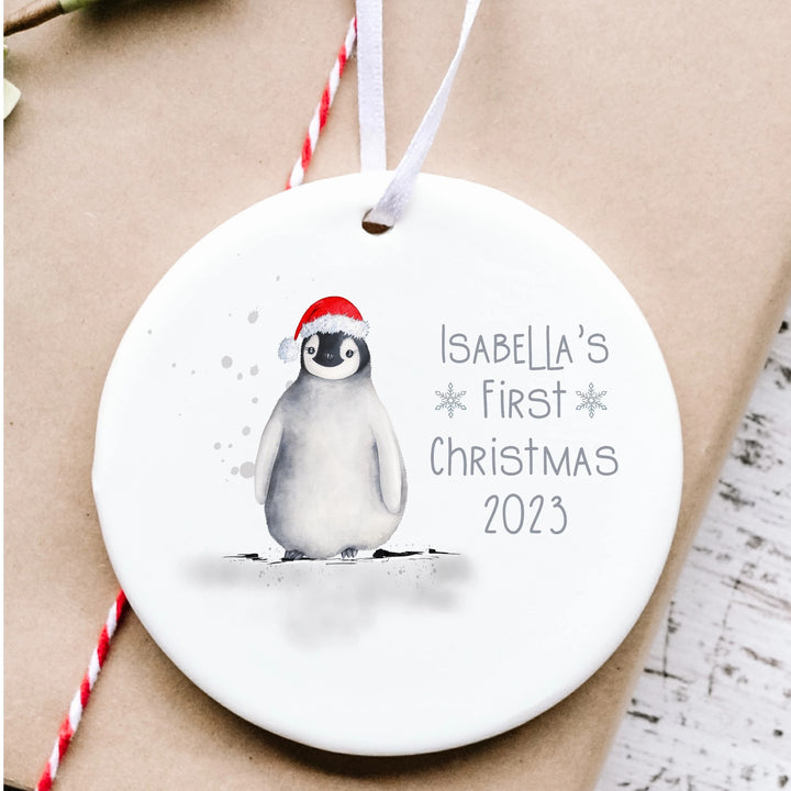 Personalised Grey Penguin Baby's First Christmas Ceramic Ornament