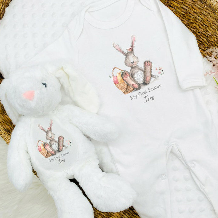 Personalised My First Easter Grey Pink Bunny Babygrow and Bunny Set