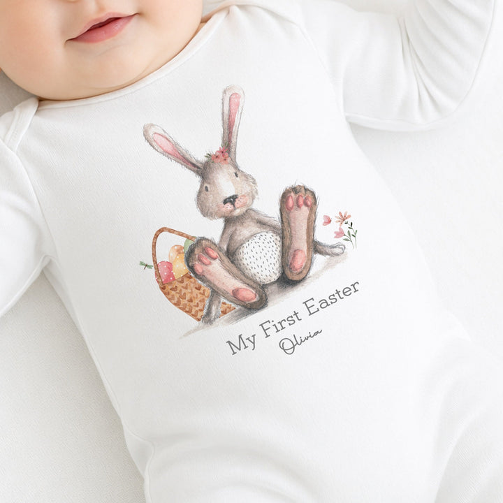 Personalised Grey Pink Bunny First Easter Baby Grow, Vest or Bib