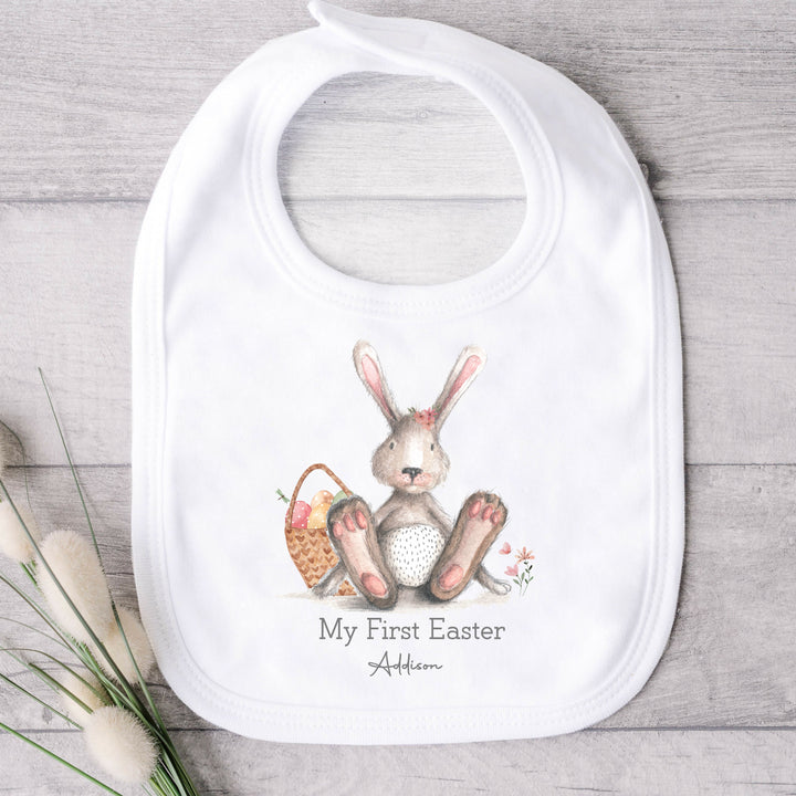 Personalised Grey Pink Bunny First Easter Baby Grow, Vest or Bib