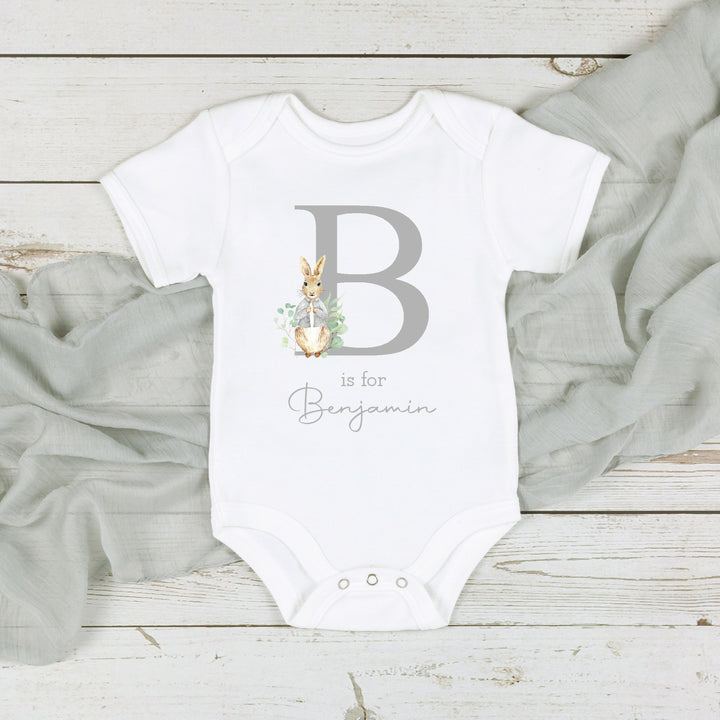 Personalised Grey Rabbit Grey Initial Babygrow and Vest