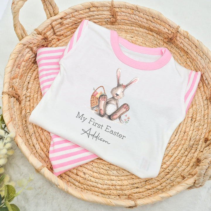 Personalised Grey Bunny Pink My First Easter Pyjamas