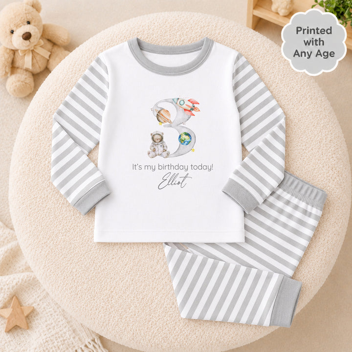 Personalised Grey Space Any Age Birthday Pyjamas