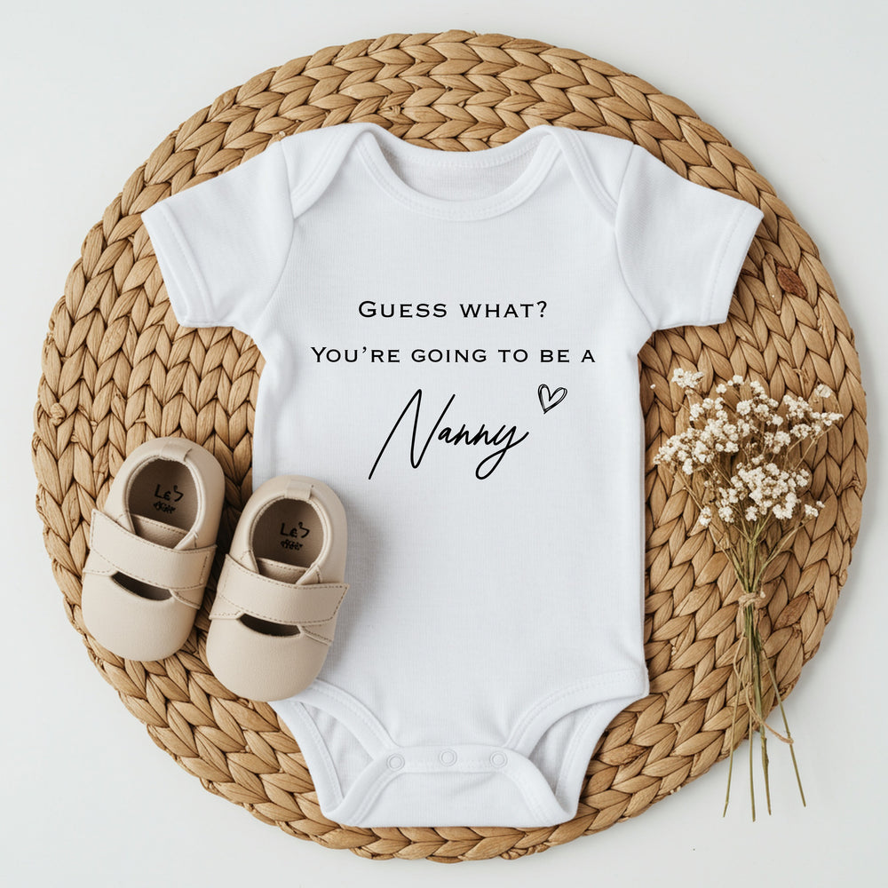 Baby announcement vests that says: Guess What? You're going to be a Nanny