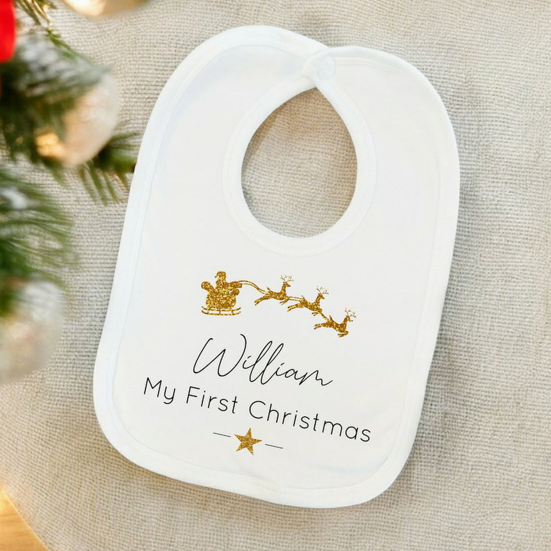 Personalised Gold Glitter Sleigh Babygrow/Bib