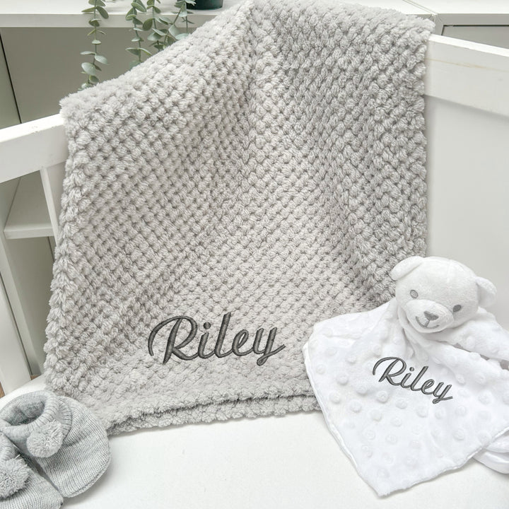 Personalised Unisex Embroidered Grey Blanket, Comforter or Gift Set