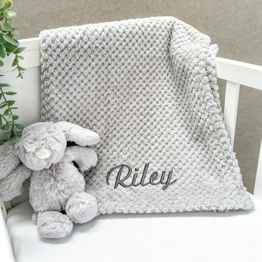 Personalised Unisex Embroidered Grey Blanket, Comforter or Gift Set