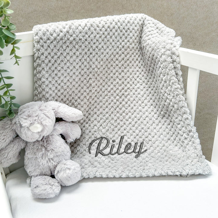 Personalised Unisex Embroidered Grey Blanket, Comforter or Gift Set