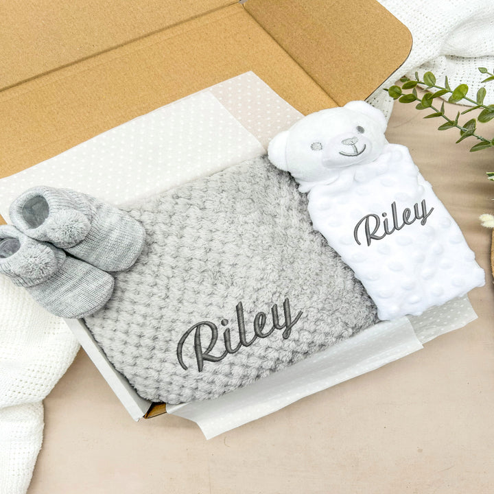 Personalised Unisex Embroidered Grey Blanket, Comforter or Gift Set
