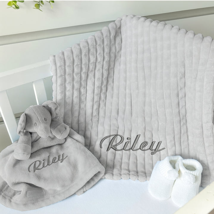 Personalised Unisex Embroidered Grey Blanket, Comforter or Gift Set