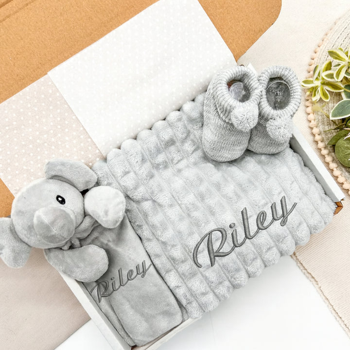 Personalised Unisex Embroidered Grey Blanket, Comforter or Gift Set