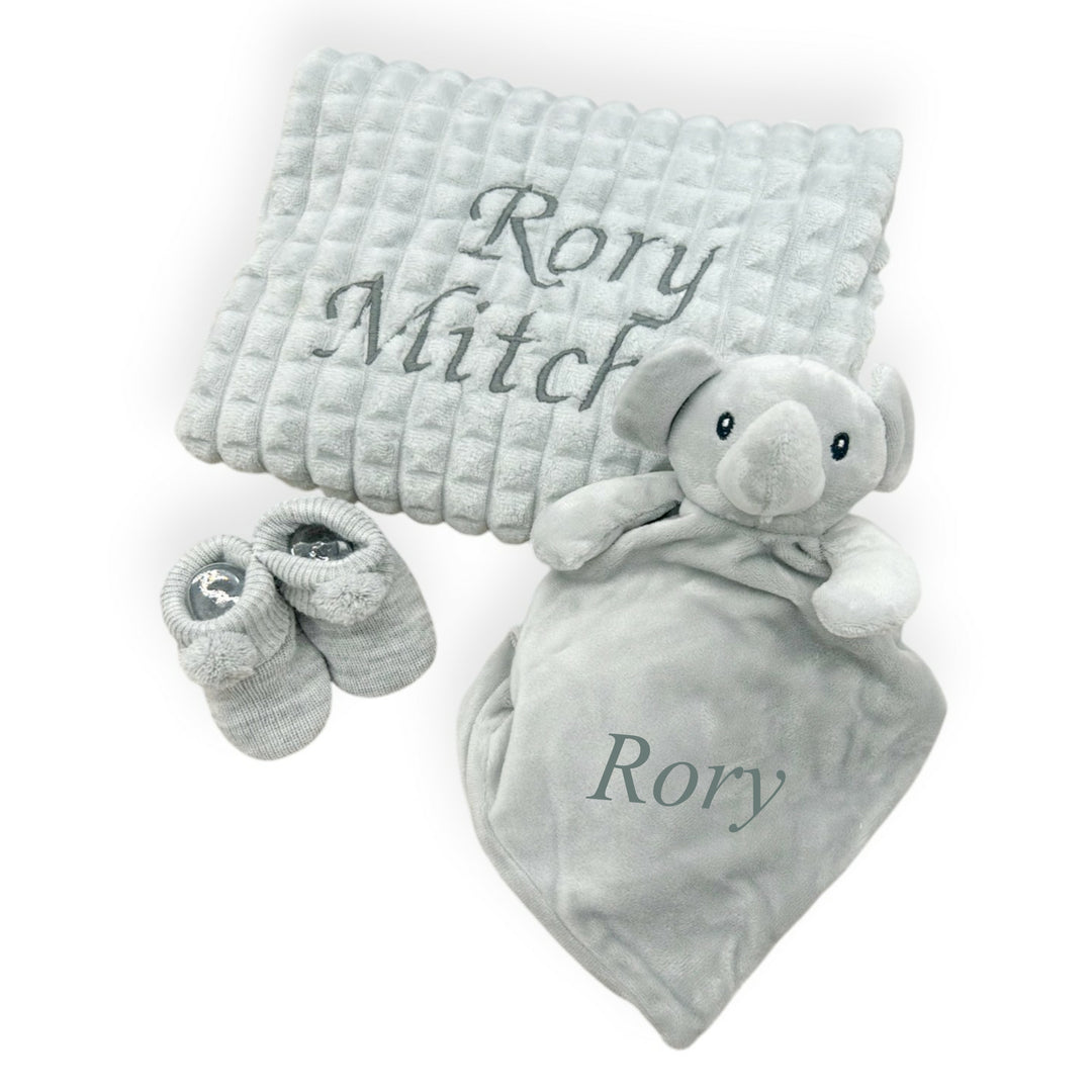 Personalised Unisex Embroidered Grey Blanket, Comforter or Gift Set