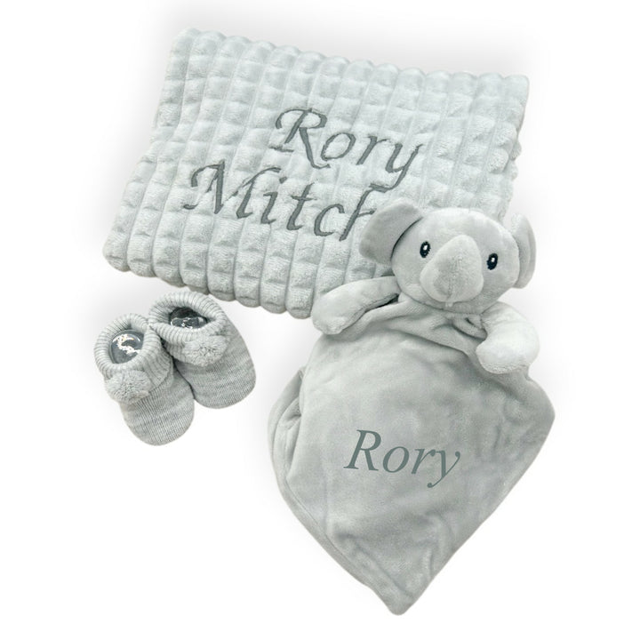 Personalised Unisex Embroidered Grey Blanket, Comforter or Gift Set