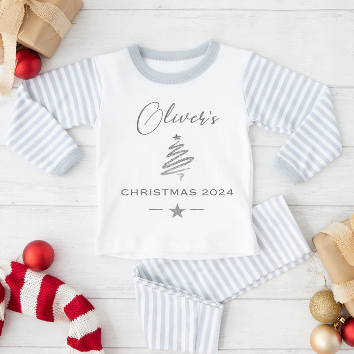 Personalised Silver Simple Christmas Grey Striped Christmas Pyjamas