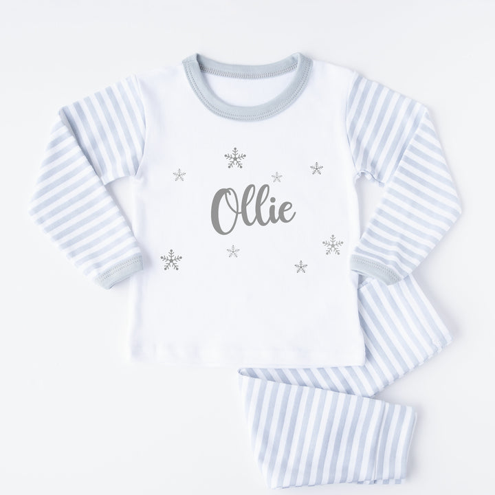 Personalised Silver Snowflake Grey Striped Christmas Pyjamas