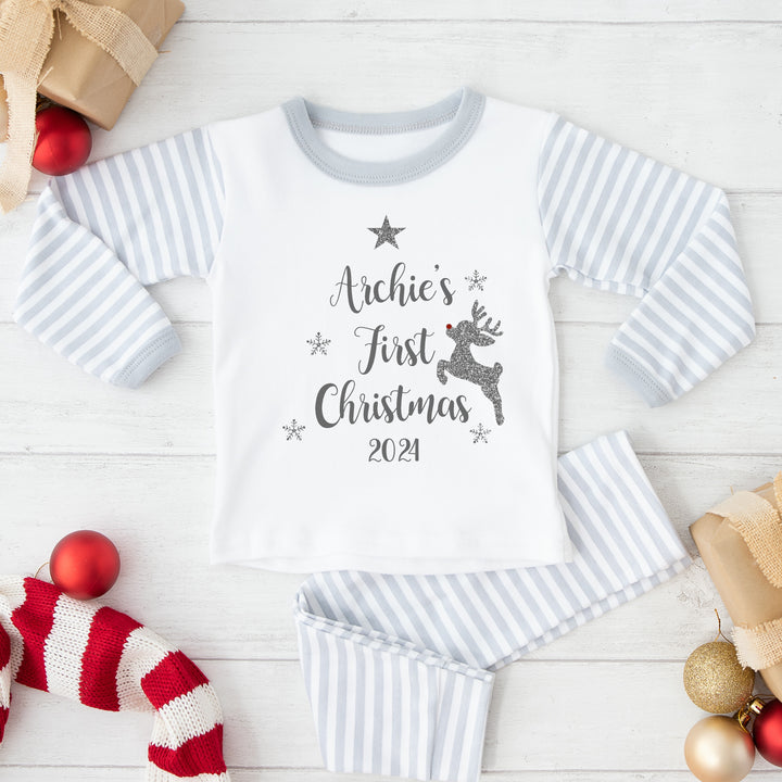 Personalised First Christmas Silver Grey Striped Christmas Pyjamas