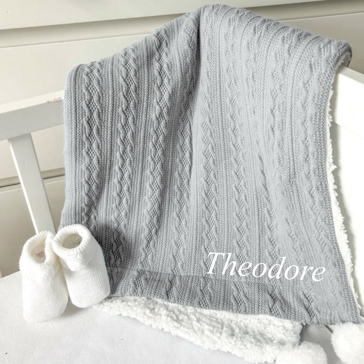 Personalised Embroidered Grey Pink Knitted Pompom Blanket