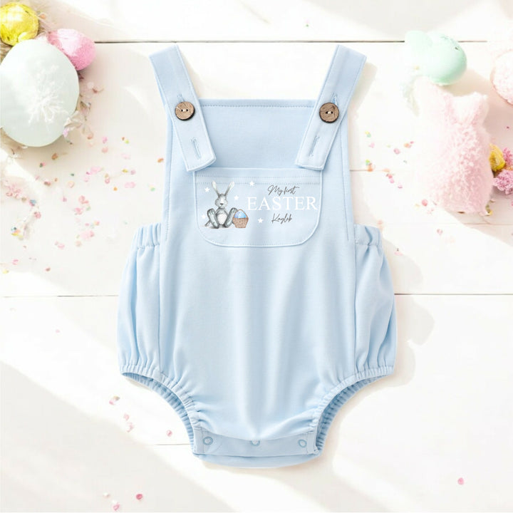 Personalised Happy Easter Grey Blue Bunny Dungarees