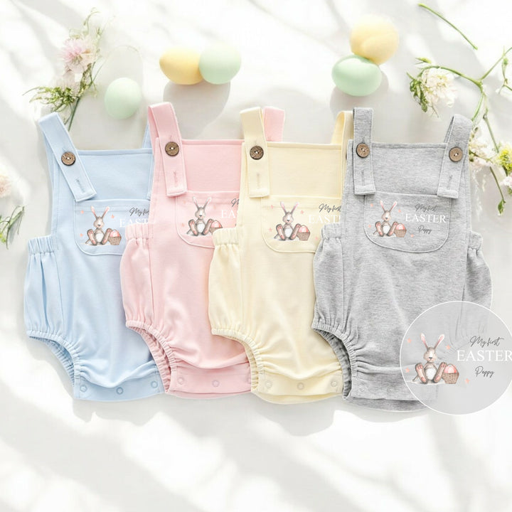 Personalised Easter dungarees with a grey bunny with pink details on it 