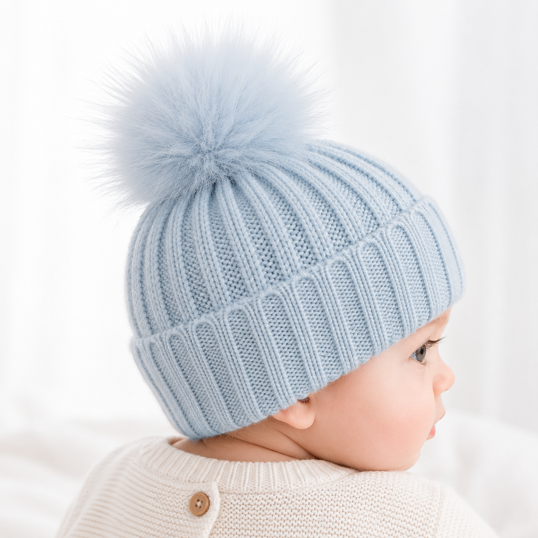 Knitted Blue Pompom Baby Hat