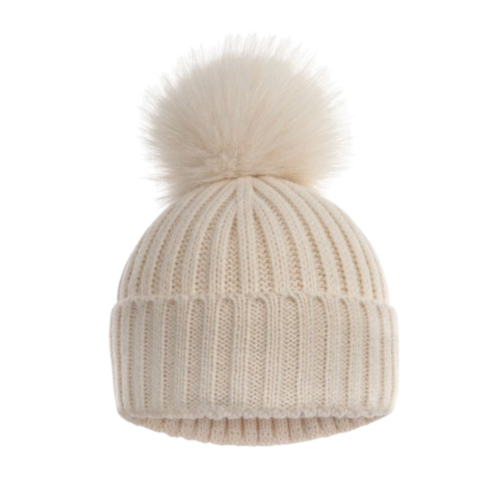 Knitted Beige Pompom Baby Hat