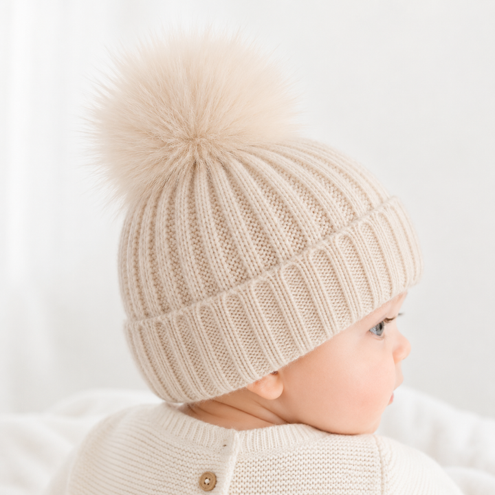Knitted Beige Pompom Baby Hat