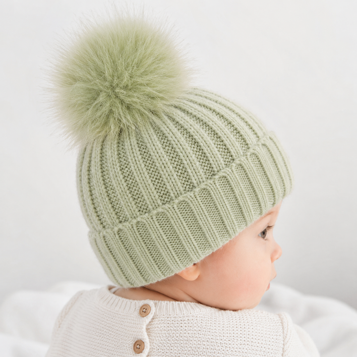 Knitted Sage Pompom Baby Hat