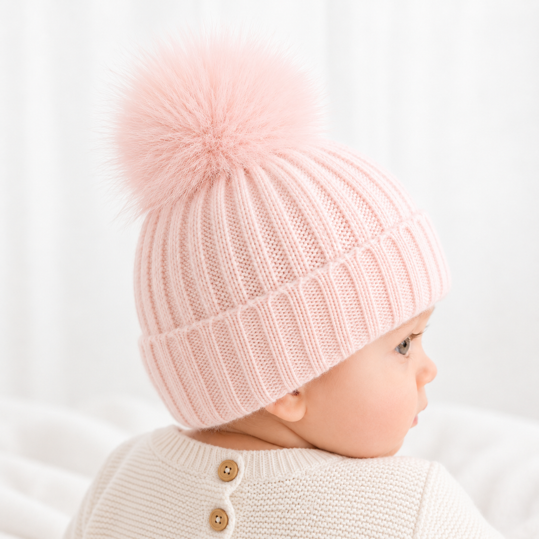 Knitted Pink Pompom Baby Hat