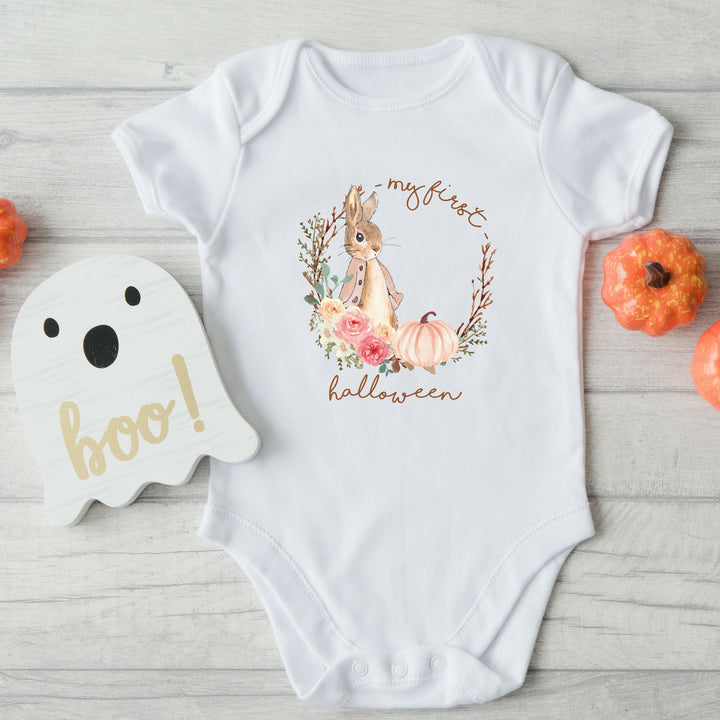 First Halloween Pink Bunny Wreath Baby Outfit