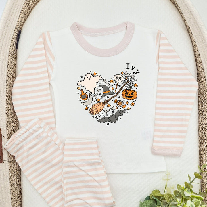 Personalised Spooky Heart Beige Stripe Halloween Pyjamas
