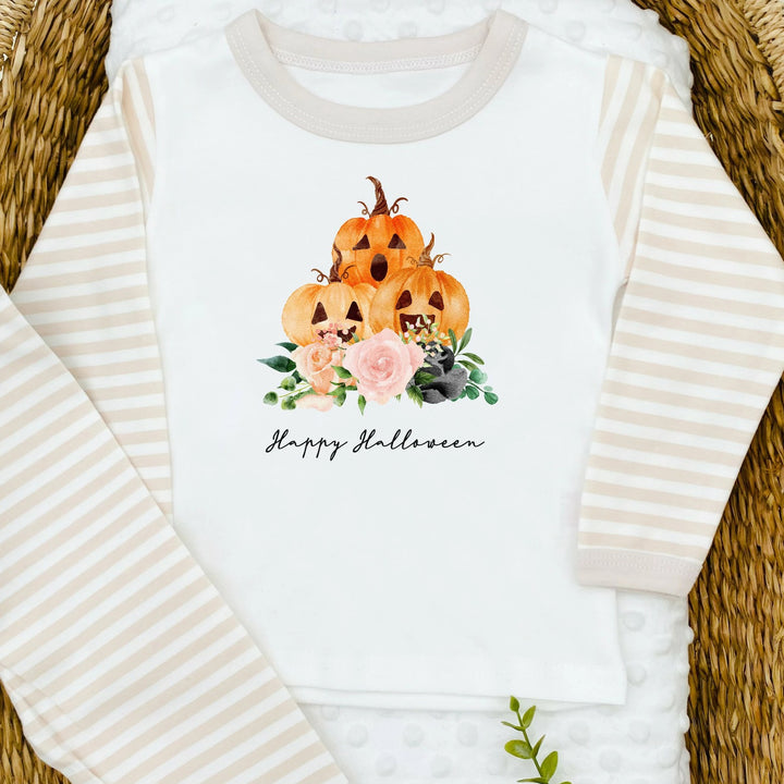 Halloween Pumpkin Stack Beige Stripe Pyjamas