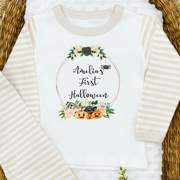 Personalised Halloween Wreath Beige Stripe Pyjamas