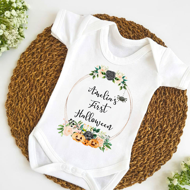 My First Halloween Personalised Floral Pumpkin Wreath Baby Outfit