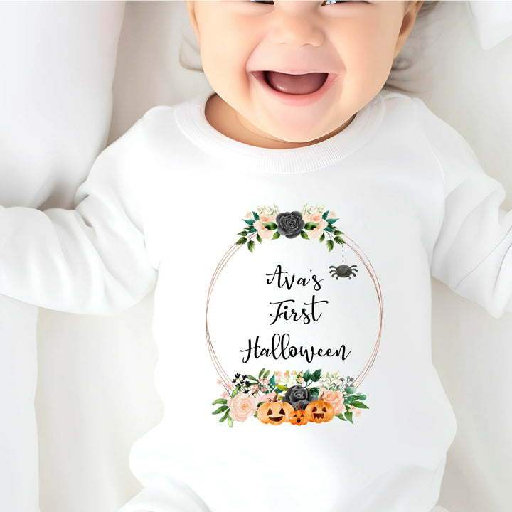 My First Halloween Personalised Floral Pumpkin Wreath Baby Outfit