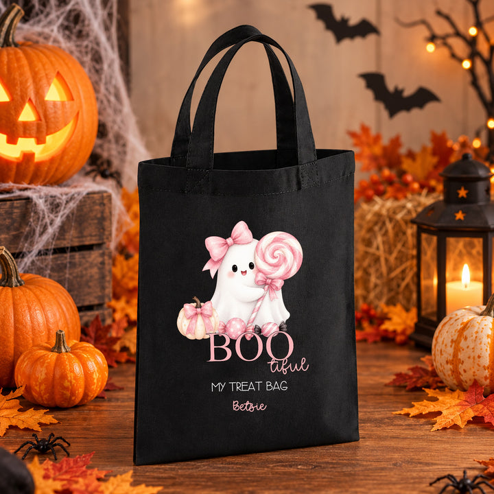 Halloween Trick or Treat Sweet Bag Personalised | Girls Pink Sweet Ghost Design