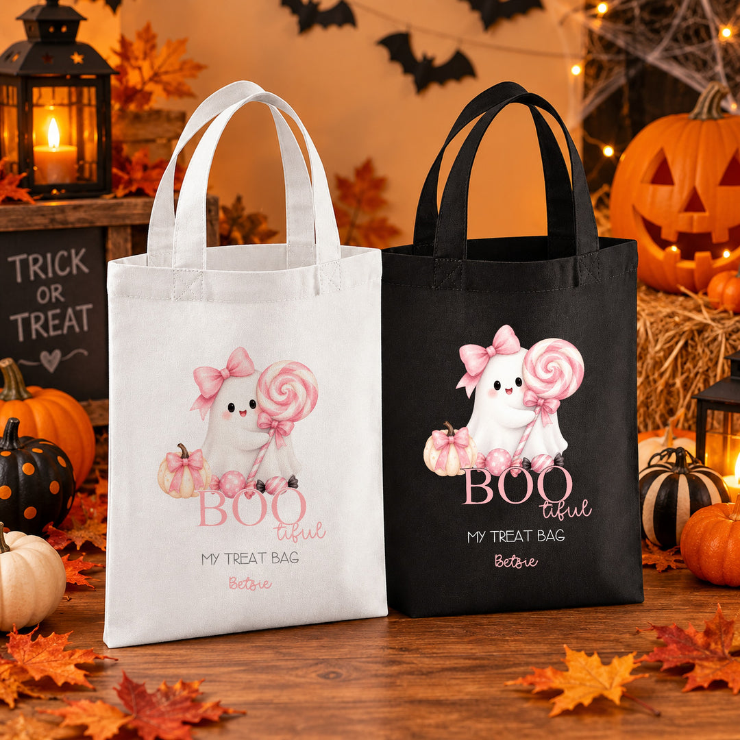 Halloween Trick or Treat Sweet Bag Personalised | Girls Pink Sweet Ghost Design