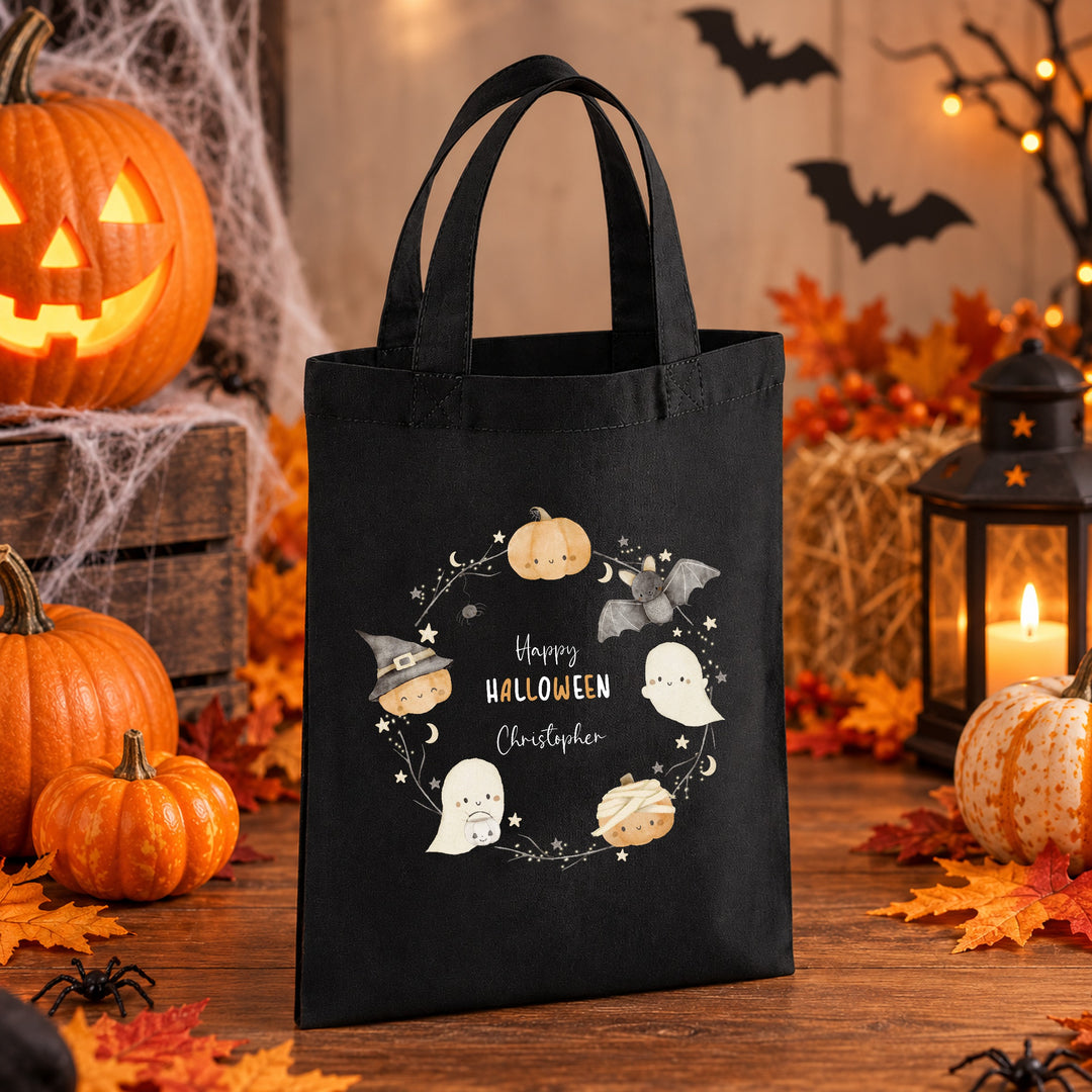 Halloween Trick or Treat Sweet Bag Personalised | Boys Girls Spooky Ghost Pumpkin Wreath