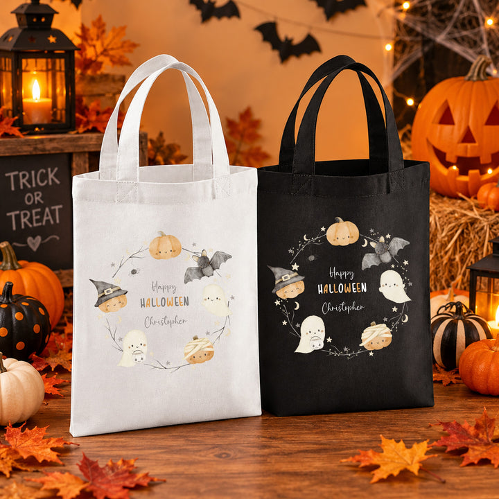 Halloween Trick or Treat Sweet Bag Personalised | Boys Girls Spooky Ghost Pumpkin Wreath