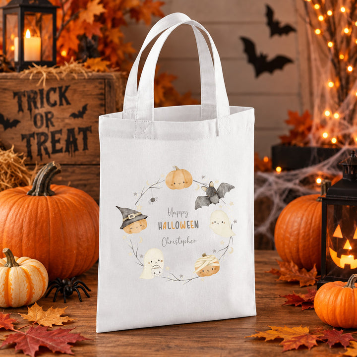 Halloween Trick or Treat Sweet Bag Personalised | Boys Girls Spooky Ghost Pumpkin Wreath