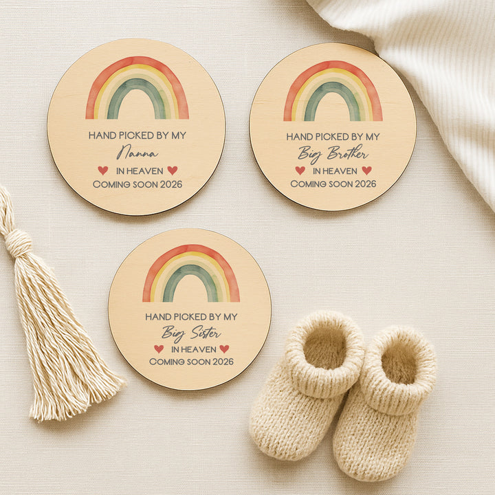 Personalised Hand Picked From Heaven Watercolour Rainbow Wooden Announcement Plaque