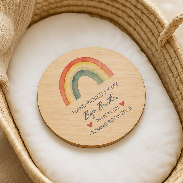 Personalised Hand Picked From Heaven Watercolour Rainbow Wooden Announcement Plaque