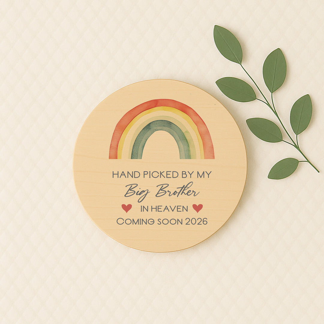 Personalised Hand Picked From Heaven Watercolour Rainbow Wooden Announcement Plaque